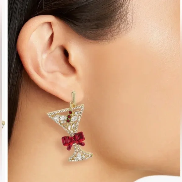 NWT BaubleBar Martini Cocktail Earrings Gold Crystal Red Bow Festive Statement - Picture 2 of 3